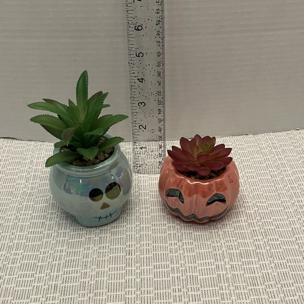 Ceramic Halloween Pumpkin & Skull succulent Planters in Pink and Iridescent Blue